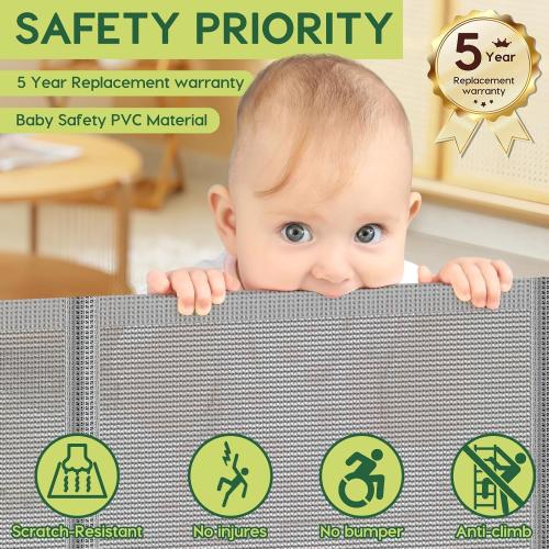 Reinforced 55 Wide Retractable Dog Gate with Support Rods, 33 Tall Retractable Baby Gate for Dogs, No Sag and Wrinkle Mesh Child Gates for Doorways, Indoor Pet Barrier Stair Gates for Kids, Gray