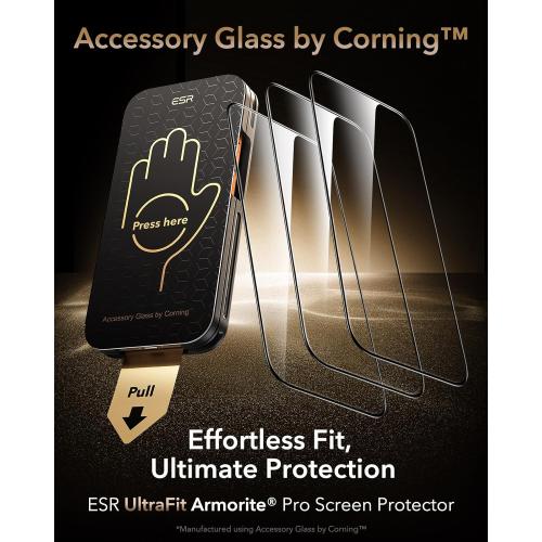 ESR Accessory Glass by Corning™ 3 Pack 9H  Glass for iPhone 17 Pro Screen Protector, with AR Anti-Reflective Technology, Military Grade Shatterproof & Durable with UltraFit Tray