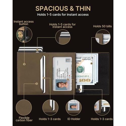 typecase Mens Wallet Card Holder: Pop Up Aluminum Case, Carbon Fiber Leather, Smart, RFID Blocking, Slim, Minimalist, Front Pocket - 9-14 Card Capacity | ID Window | Cash Slot (Map)