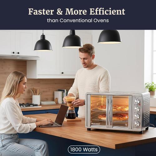Elite Gourmet ETO-4510M French Door 47.5Qt, 18-Slice Convection Oven 4-Control Knobs, Bake Broil Toast Rotisserie Keep Warm, Includes 2 x 12 Pizza Racks, Stainless Steel