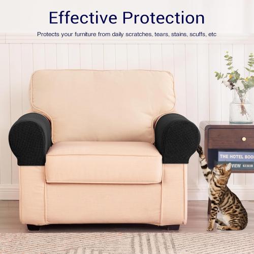 SUBRTEX Stretch Couch Arm Covers Set of 2, Checkered Sofa Arm Slipcovers, Anti-Slip Armrest Covers for Recliner and Armchairs, Pet Proof, High Stretchy, Hook & Loop Tape, Black