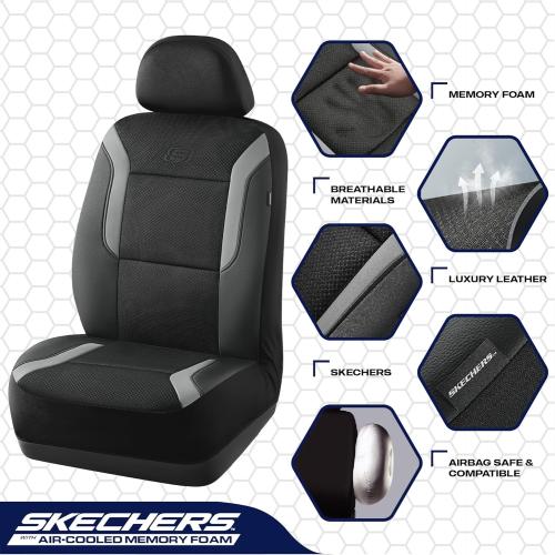 Skechers Memory Foam Car Seat Covers, Air Cool Mesh Thick Seat Covers, Gray Two Front Car Seat Protector, Airbag Compatible, Automotive Comfort & Protection for Most Cars, Van,Trucks, SUV,Grey