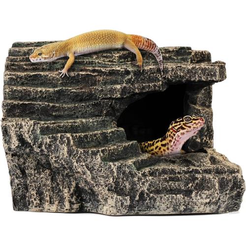 Reptile Hide, Great for Geckos, Snakes, Bearded Dragons & Lizards. with Steps for Reptile Rock Climbing, It Doubles as Aquarium Rock Cave Corner Reptile Cave for Climbing Hiding. (Stone, A-XLarge)