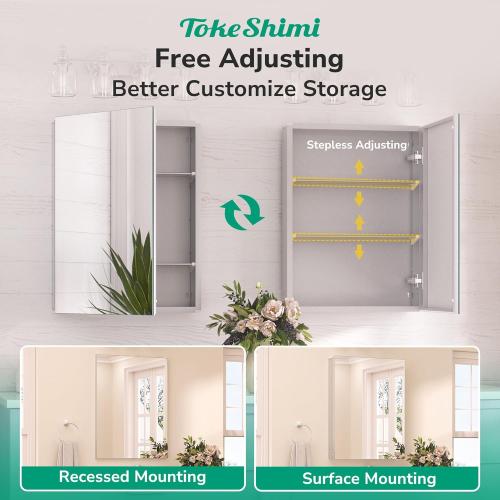 TokeShimi 12 x 36 Farmhouse Medicine Cabinet Recessed or Surface Mount Aluminum, Mirror with Stepless Adjustable Storage, Silver Bathroom Mirror Medicine Cabinet Frameless Metal Modern