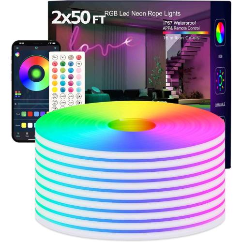 Neon Rope Lights, 2x50FT RGB LED Strip Lights, App Control, IR Remote, Outdoor IP67 Waterproof, Music Syncing, Flexible DIY Design for Bedroom, Gaming, Party, Christmas Decor