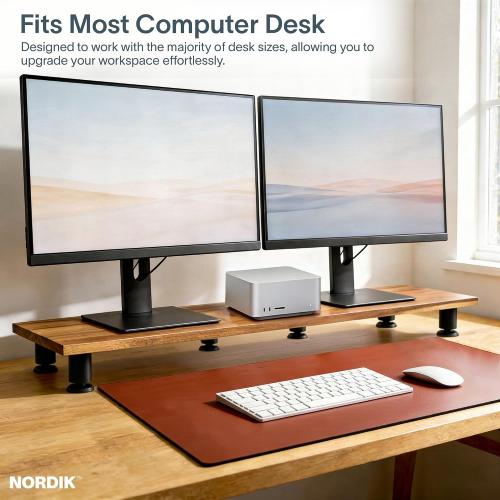 Nordik Large Dual Monitor Riser for 2 - 42.5 Inch Premium Handmade Hardwood Acacia Computer - Wood Shelf Desk Organizer Television - Laptop TV Stand with Storage Organizer for Desk Accessories (Brown)