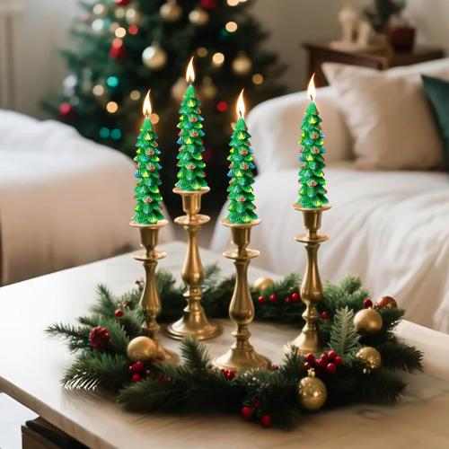 2 Pack Christmas Tree Candles, 5 Inch Unscented Tree Shaped Taper Beeswax Candles for Christmas Holiday Decor Table Centerpiece Display Party Banquet Gift (Green with Multicolor Trim)
