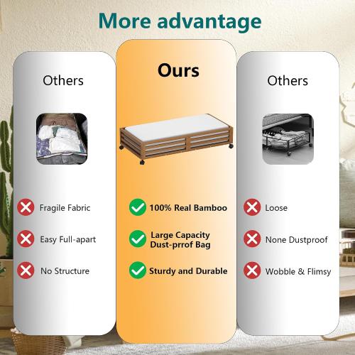 Bamboo Under Bed Storage Containers- Underbed Organizer with Wheels with Large Capacity Dust Bag,Sturdy Wood Rolling Under Bed Shoe Storage Organizer Drawer 2 Packs (Walnut, Long)