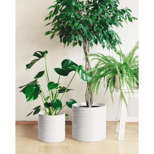 Ceramic Plant Pots, 6/8/10 Inch Ceramic Planter with Drainage Hole and Mesh Pad, White Outdoor Planter Pots with Stripes for Home Office Garden Patio, Set of 3