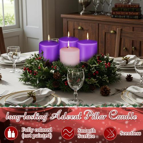 Amylove 8 Pcs 3 x 3 Inch Advent Pillar Candles Set Pink Purple Christmas Unscented Lasting Burning Church Candles for Advent Wreath Holiday Gifting
