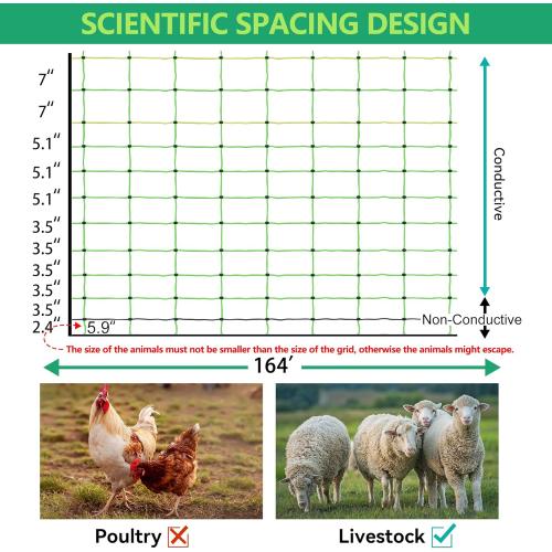 Electric Fence Netting, 49.6 H x 164' L, Portable Livestock Nets Mesh for Hog, Dogs, Deer, Goats, Larger Animals Electric Fencing for Backyards, Homesteaders, Farms, Ranches, Gardens