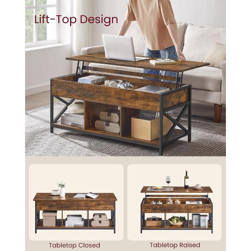 VASAGLE Lift Top Coffee Table, Lift Coffee Table with Storage Shelf, Hidden Compartments and Lifting Top, for Living Room, Office, 19.7 x 47.2 x (19.3-24.4) Inches, Rustic Brown and Black ULCT212B01