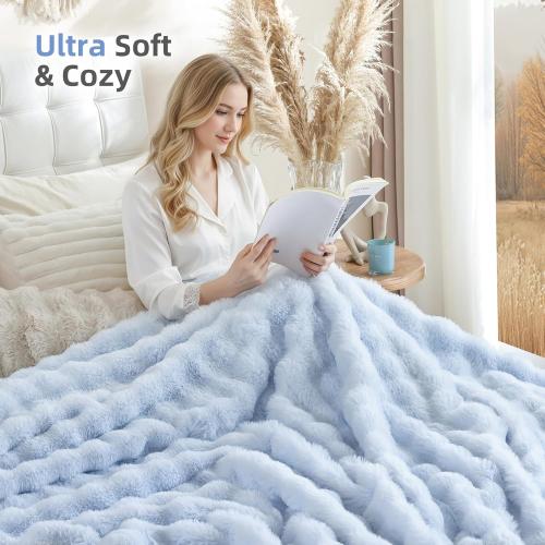 Smoofy Faux Fur Throw Blanket for Couch Rabbit Fleece - Light Blue Fluffy Blanket for Sofa Bedroom Living Room, Cozy Soft Plush Luxury Thick Winter Fuzzy Comfy Bubble Blanket - 60 x 80