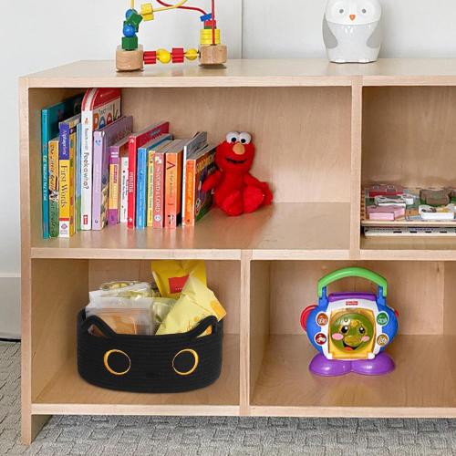 Black Cat Toy Basket, Small Woven Cat Toy Storage Box with Cute Ears Handle Indoor, Cotton Rope Storage Bin with Embroidered Face for Halloween Decor, Pet Bed, Nursery Kids Room Organization