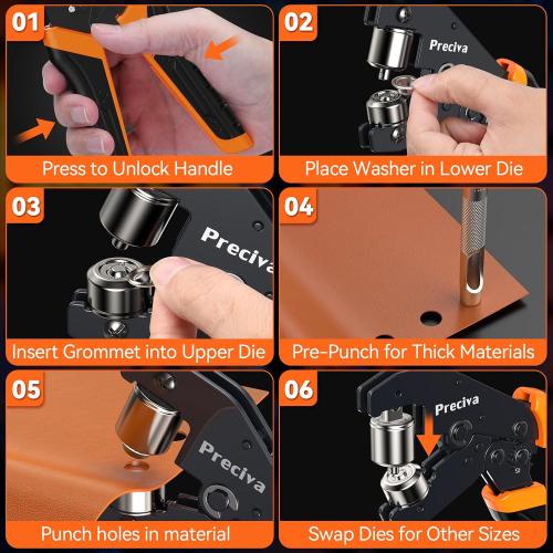 Preciva 3-Size Grommet Tool Kit - 1/2 1/4 3/8 Hole Punch & Eyelet Setting Tool with 300Pcs Grommets | Handheld Eyelet Plier for Tarps, Tents, Canvas, Vinyl & Leather Crafting