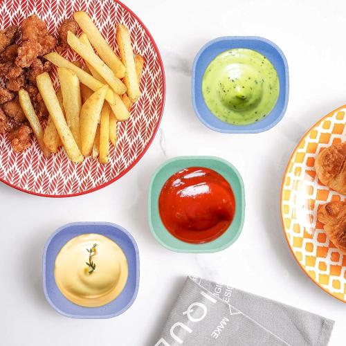 SHECIPIN 6 Pack Small Plastic Bowls 4.5 OZ Unbreakable Wheat Straw Dipping Bowls，plastic ramekins, Assorted Colors Dipping Sauce Cups, dip cups， Dessert, Ketchup