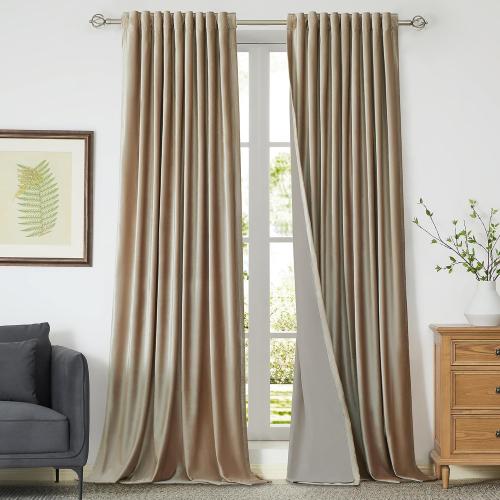 Size 84 Set of 2 Color beige 100% Full Blackout Champagne Beige Velvet Curtains 84 inch Long for Living Room,Set of 2 Liner Rod Pocket Back Tab Thermal Window Curtains Room Darkening Heavy Decorative Curtains Drapes for Bedroom
