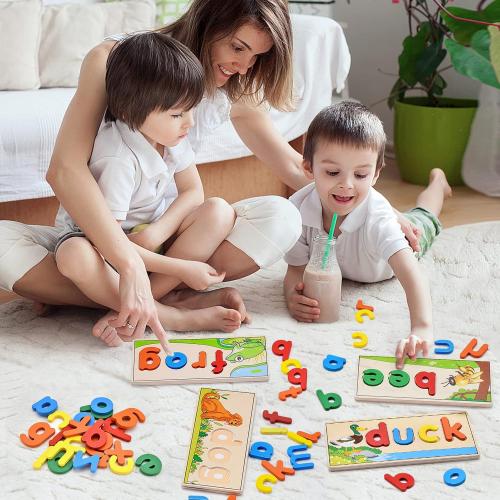 Atoylink Wooden Spell Learning Toys for 2 3 4 5 Year Old Kids Match Letter Spelling Game Board & Letters & Box, CVC Word Builder Toddler Educational Toy Kindergarten Preschool Learning Activities