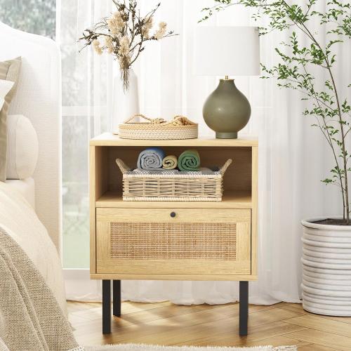 Angel Sar Rattan Nightstands Set of 2, Boho Night Stand with 1 Door, Accent End Table, Wood Bediside Table with Metal Legs&Open Shelf, Natural Wood