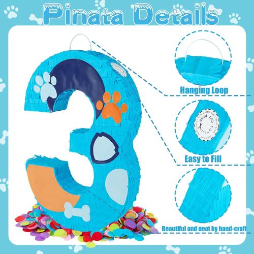PCFING 20 Inch Dog Paw Number 3 Piñata with 30 Inch Piñata Stick Blindfold Confetti for Boy Girl Adults Birthday Party Decorations, Anniversary Celebration, Fiesta