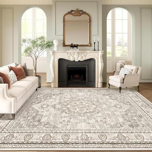 Beige 8x10 Findosom Area Rugs for Living Room, Non-Slip Soft Washable Rug with Vintage Medallion Pattern, Low Pile Faux Wool Large Boho Rugs for Bedroom, Ding Room, Entryway and Home Decor, Beige
