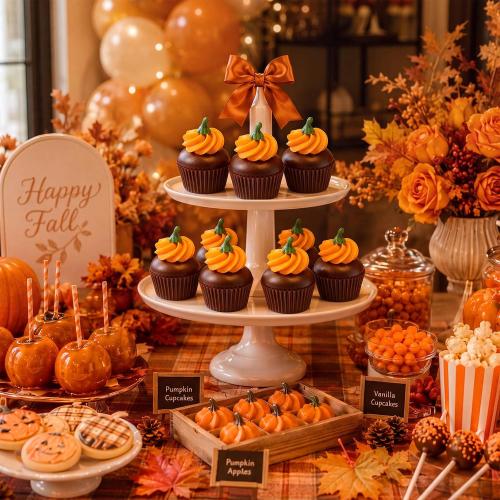 Novabright 4 Pcs Fall Fake Pumpkin Cupcakes Fall Tiered Tray Decor Foam Artificial Cupcakes Autumn Farmhouse Table Decoration Thanksgiving Party Home Photography Props