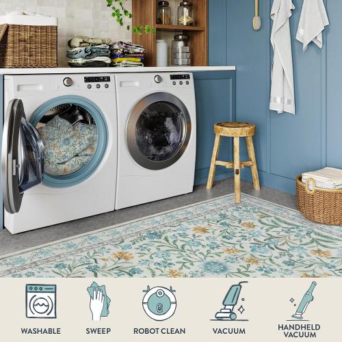 Lahome Light Blue Bedroom Rug 8x10 Under Bed, Boho Washable Rugs for Living Room Nursery, Soft Wool Vintage Low Pile Carpet for Dining Room Girls | Soft Wool Vintage Low Pile Carpet for Girls Kids Nursery Dining Room