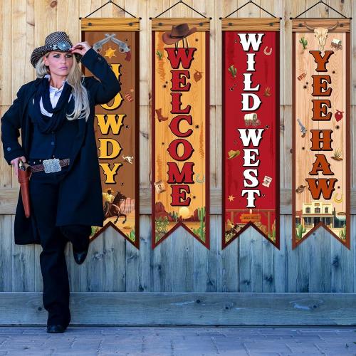 4 Pcs Western Cowboy Party Decorations Wild West Banner Howdy Yes Haw Welcome Hanging Decor Rustic Western Porch Sign Cowboy Rodeo Door Decorations for Bar Birthday Photo Props Vintage Party Supplies