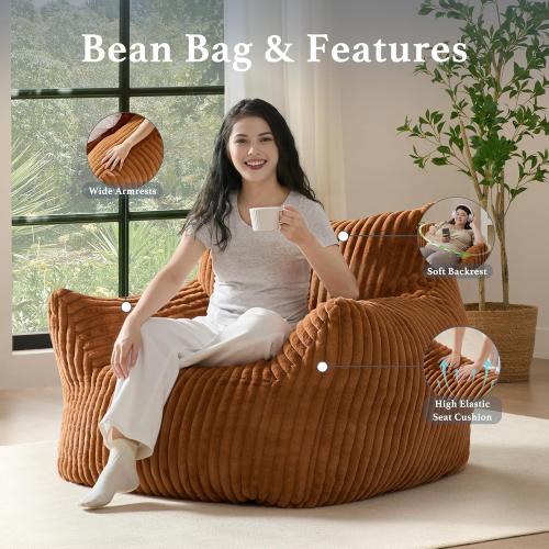Size Giant Color Brown Plush Bean Bag Chair for Adults with Armrests - Oversized Comfy Orange Beanbag Lounge Lazy Floor Sofa Accent Chair for Living Room, Bedroom & Dorm, Cozy Fluffy Single Cloud Mini Couch
