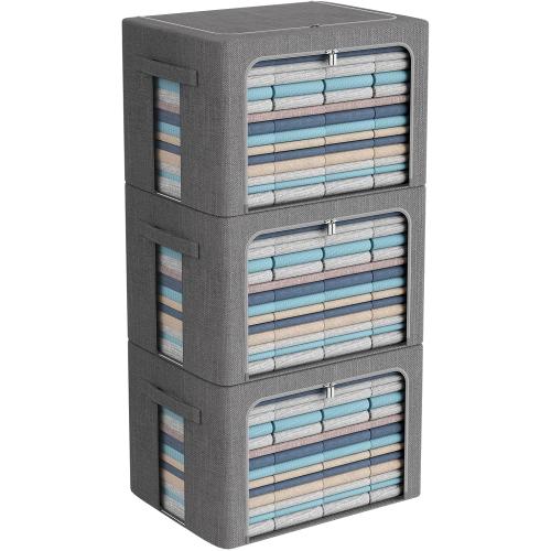 CYhom 3Pack Foldable Storage Bins - Frame Storage Box Linen Fabric Stackable Clothes Container Organizer with Clear Window & Carry Handles Large Capacity (Extra Large-100L, Dark Gray)