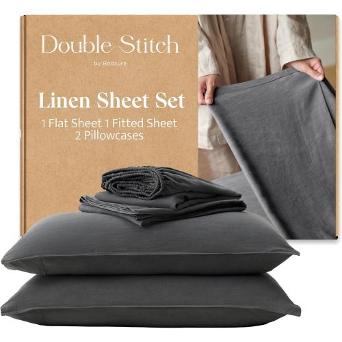 Double Stitch European Flax Linen Sheets Cal King - Breathable Linen Blend Bedding Set, Sustainable, Moisture-Wicking & Cooling Sheet Set, Deep Pocket Up to 16'', Featured in USA Today, Charcoal Grey