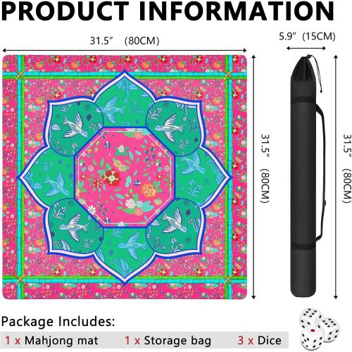 Mahjong Mat with Carrying Bag and 3 Dice, 31.5 X 31.5 Noise Reduction Mahjong Table Cover, Non Slip Gaming Mat for Board Tile Games Poker Card Dominoes, Mahjong Gifts for Women Mahjong Accessories