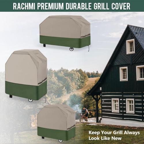 Rachmi Grill Cover for Outdoor Grill 76 Inch, 600D Water-Resistant Anti UV BBQ Cover Fits Weber, Char-Broil, Charcoal Gas Grill Up to 75 Inch Wide Fits Most 5-6 Burner Grills, 76Wx28Dx46H, Khaki/Green