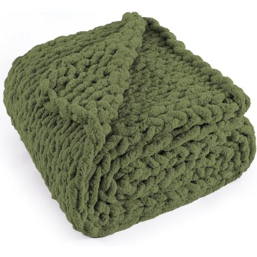 Size Large Color Green Chunky Knit Throw Blanket , 100% Handmade with Soft Chenille Yarn, 4.4lbs Thick Cable Knitted Blankets, Large Rope Knot Crochet Throws for Couch Sofa Bed Home Decor, Olive Green