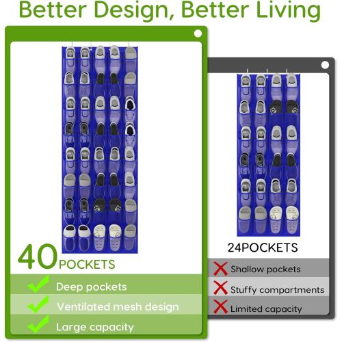 Unjumbly Over the Door Shoe Organizer with 40 Large Breathable Mesh Pockets, Space Saving Shoe Holder, Hanging Shoe Rack for Entryway Bedroom Closet Storage (Navy Blue, 40 Pockets)