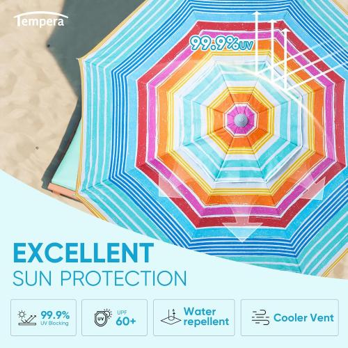 Tempera Heavy Duty High Wind Beach Umbrella with Sand Anchor & Carry Bag|Patio Outdoor Umbrella with Alumininm Frame, Sunshade Umbrella with Push Button Tilt, Ideal for Travel Garden Lawn Poolside Backyard, UPF 60