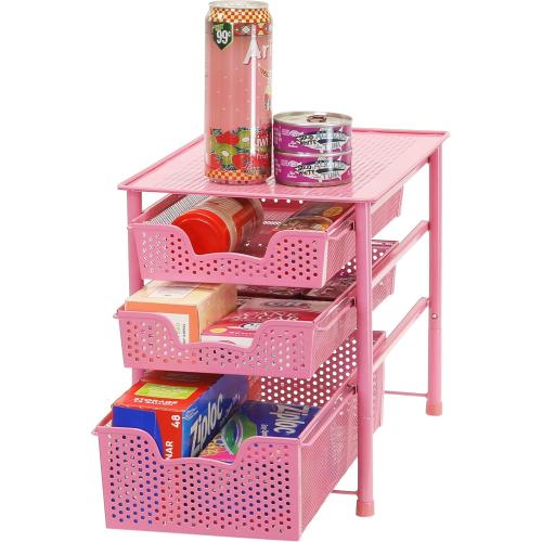 Simple Houseware Stackable 3 Tier Sliding Basket Organizer Drawer, Pink