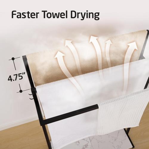 KES 44” Extra Large Free Standing Towel Racks for Bathroom, 3 Tiers Blanket Rack, Blanket Holder for Living Room with Weighted Marble Shelf & 4 Hooks, Black, BTH504-BK
