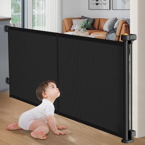 Upgrade Retractable Baby Gates, 35 Tall Extends up to 60 Wide, Mesh Dog Gate Indoor for Stairs, Outdoor Reinforced Pet Gate with Support Rods for Doorways Hallways Kitchen Bedroom, Black
