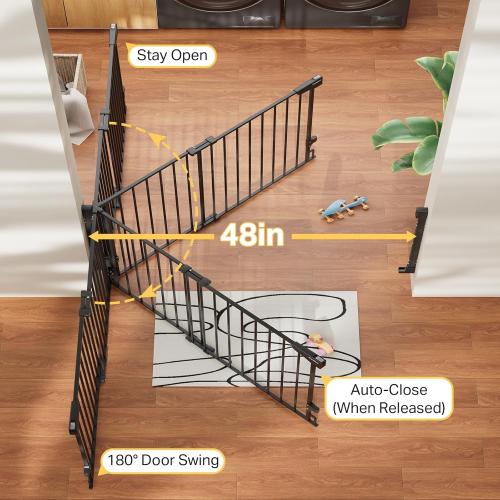 Cumbor Expandable 31.6-48 Baby Gate for Stairs, Wall-Mounted, 2-in-1 No Bottom Bar Dog Gate Indoor, Pet Gate for Doorways with Large Walk Thru Door, Child-Proof Safety Gate for Kids (Black)