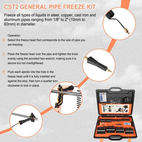 Pipe Freeze Kit, CST2 Pipe Freezing Kit For 1/8 to 2 OD, Use CO2 To Freeze Tube Wire Plumbing, Water Line Repair Tool Kit, Replacement For Cold Shot Pipe Freeze Kit