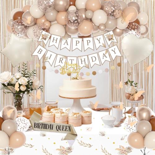 Color beige Birthday Decorations for Women, Boho Beige Cream Neutral Champagne White Sand Foil Balloons Table Cloth Sash Crown Curtains Happy Birthday Banner Circle Garland Butterfly Fall Party Supplies