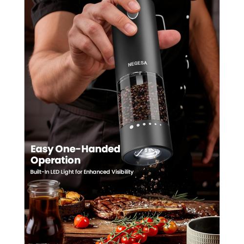 Electric Salt and Pepper Grinder Set with Rechargeable Base - Automatic Refillable Electric Salt and Pepper Shakers with Large Capacity, LED Light & Adjustable Coarseness, Black