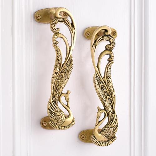 Indian Shelf 1 Pair Peacock Decorative Door Handles Interior Vintage Door Pulls Antique Brass Cabinet Pulls Unique Gold Cabinet Handles- 7.4
