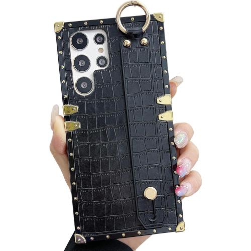 Compatible for Samsung Galaxy S25 Ultra Case Designer with Wristband Strap Luxury Crocodile Leather Case Kickstand Holder Protective Phone Cover for S25 Ultra (Black)
