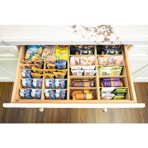 Umilife Large Bamboo Pantry Organizers and Storage Bins with Removable Dividers, Kitchen Drawer Cabinet Countertop Organization for Snack, Spice Packets, Teabags, Seasoning Pouches (2 Pack)