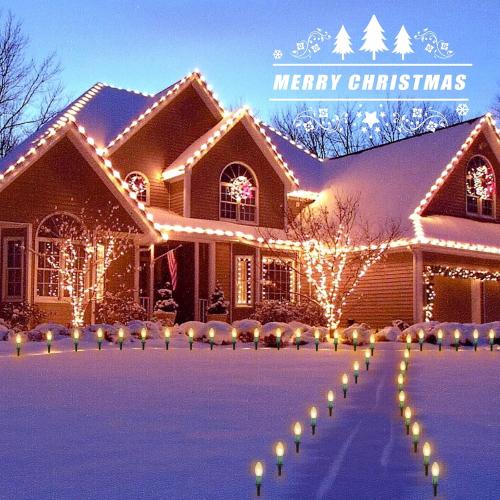 12 PCS- Christmas Pathway String Lights Outdoor - 25.7 Ft. C9 20 Clear Lights with 20 Stakes Connectable Waterproof for Indoor Xmas Party Holiday Commercial Decoration, Warm White