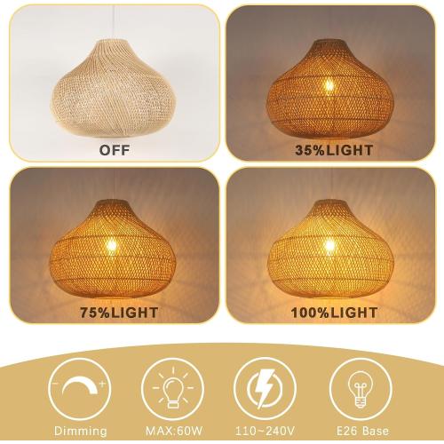 Large Rattan Pendant Light, 19.7 Rattan Boho Wicker Chandelier Hand-Woven Basket Pendant Light Fixtures for Dining Room Kitchen Island Living Room