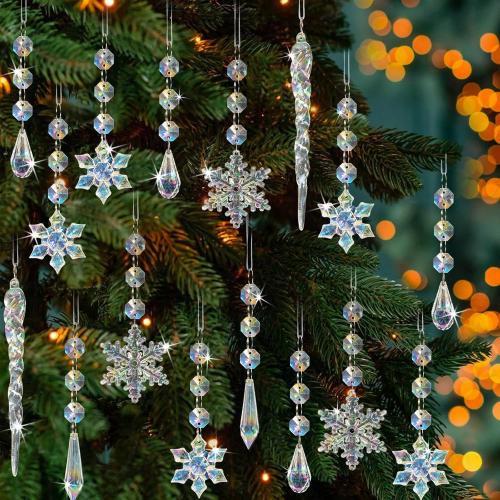 32pcs Christmas Decoration Crystal Ornaments - Iridescent Christmas Tree Ornaments Acrylic Snowflakes Drop Icicle Pendants Hanging Ornaments for Xmas Tree Winter Holiday Frozen Party Decorations