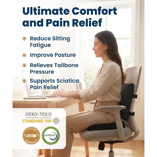Everlasting Comfort Doctor Recommended Memory Foam Seat Cushion for Office Chairs & Car - Ergonomic Office Desk Accessories - Cushions for Tailbone Pain Relief, Sciatica (Black Airflow Lumbar, Large)